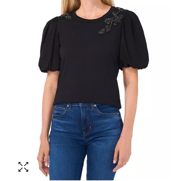CeCe Black Puff Sleeve Embellished Blouse - Picture 6 of 6